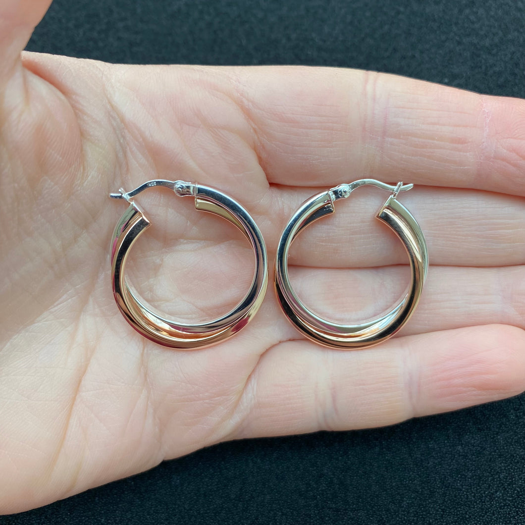 Silver and rose gold crossover hoops