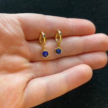 Load image into Gallery viewer, Gold lapis lazuli hoops
