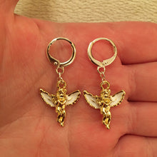 Load image into Gallery viewer, Cherub huggie hoop earrings with white wings
