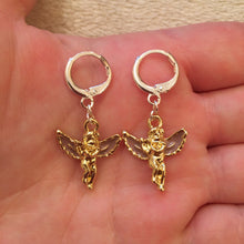 Load image into Gallery viewer, Cherub huggie hoop earrings with pink wings
