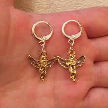 Load image into Gallery viewer, Cherub huggie hoop earrings with pink wings
